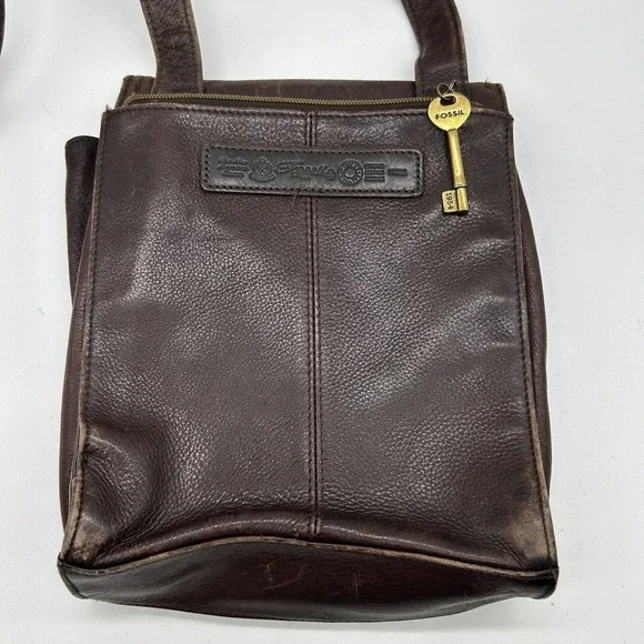 FOSSIL VTG Brown Soft Pebble Distress Leather Organizer Messngr Bag Purse 75082